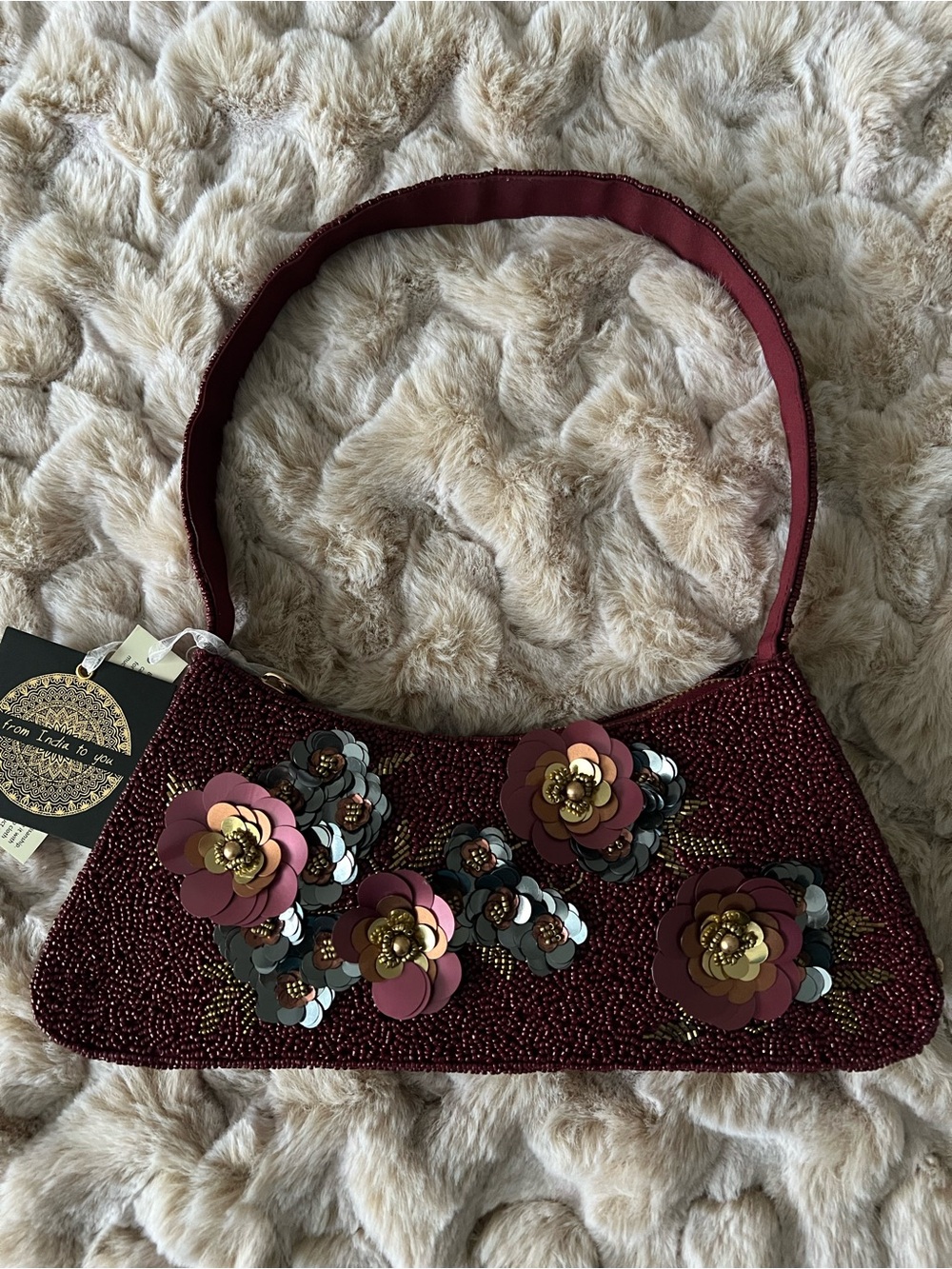From India to You Beaded Burgundy with Floral Appliqué Shoulder Bag NWT